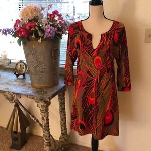Tracy Negoshian Green and Orange Three Quarter Sleeve Shift Dress